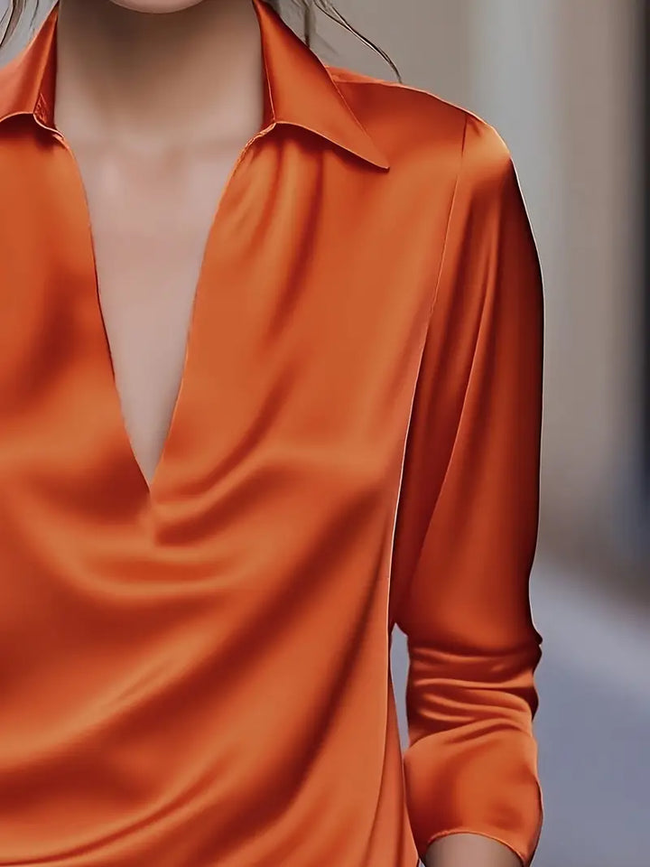 Stella | Damen Satin Bluse Langarm V-Ausschnitt Elegant