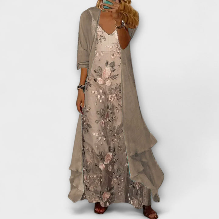 Rosalie | Damen Zweiteiler Maxikleid mit Jacke Blumenmuster Sommeroutfit