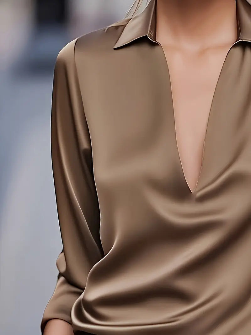 Stella | Damen Satin Bluse Langarm V-Ausschnitt Elegant
