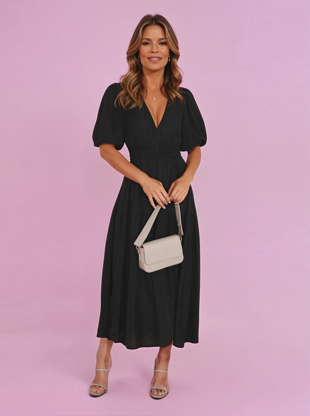 Cara | Damen Midikleid V-Ausschnitt Puffärmel Stufenrock