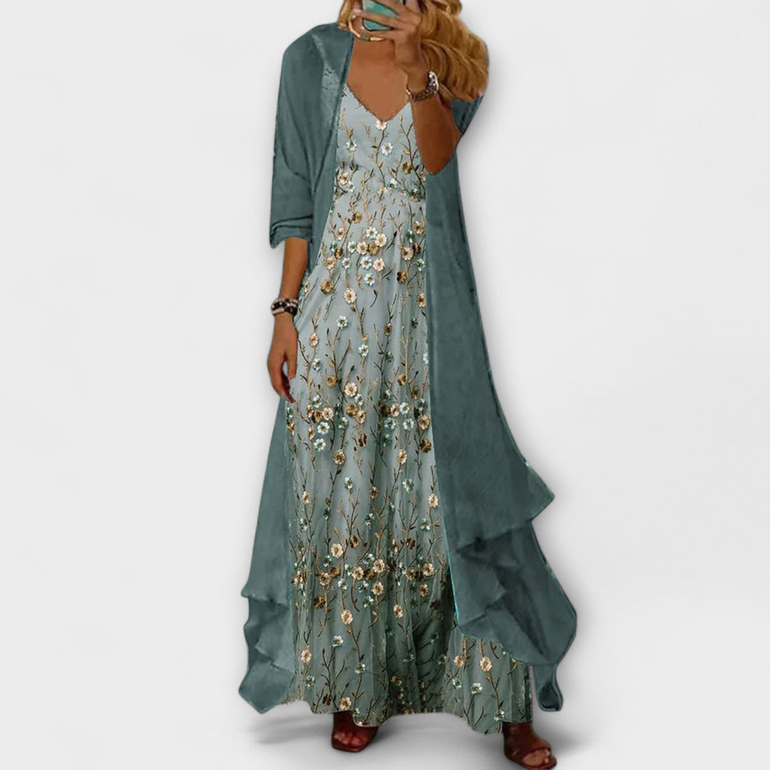 Rosalie | Damen Zweiteiler Maxikleid mit Jacke Blumenmuster Sommeroutfit