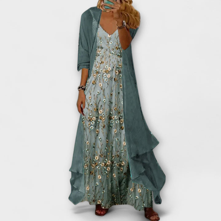 Rosalie | Damen Zweiteiler Maxikleid mit Jacke Blumenmuster Sommeroutfit
