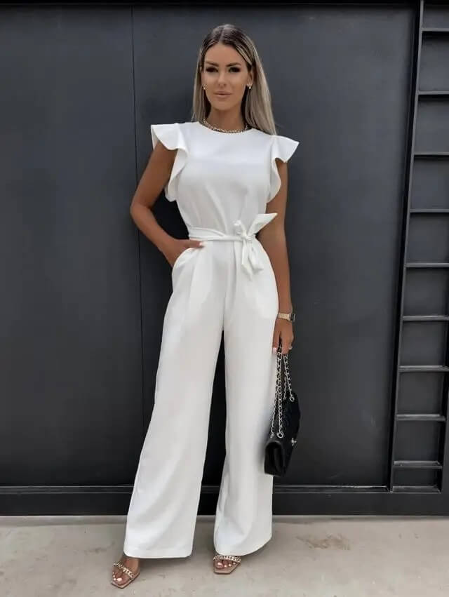 Pearl | Damen Jumpsuit Rüschenärmel Weites Bein Bindegürtel Elegant