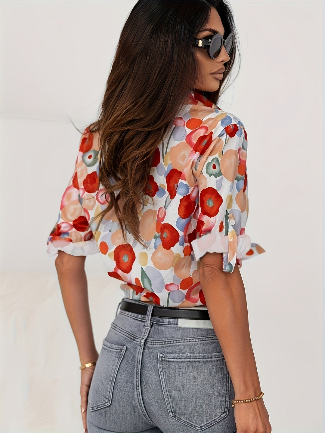 Vivie | Damen Bluse Langarm Bunter Blumenprint V-Ausschnitt
