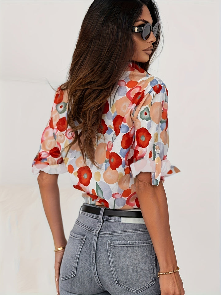 Vivie | Damen Bluse Langarm Bunter Blumenprint V-Ausschnitt