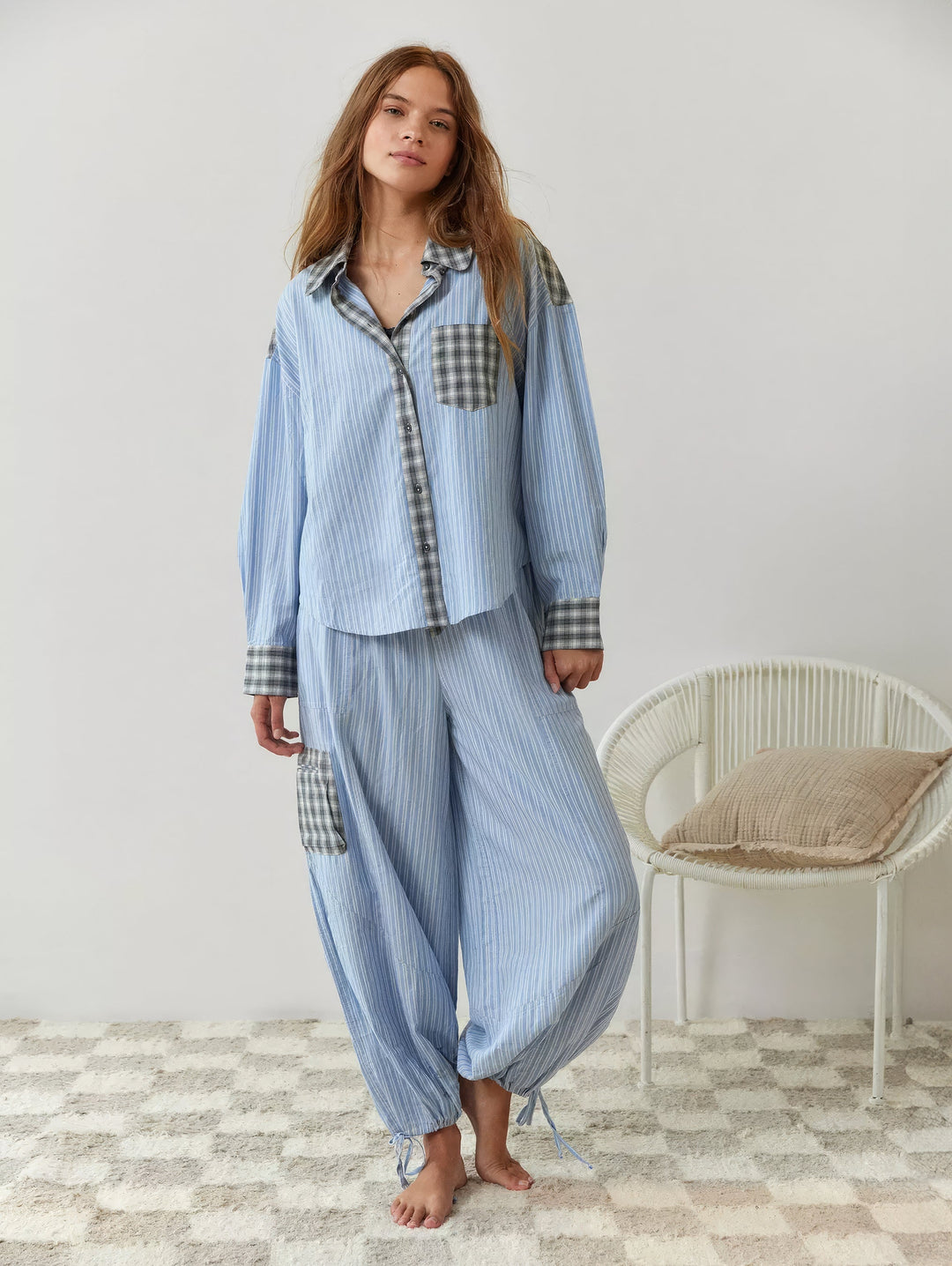 Jessa | Damen Pyjama Set Gestreift Hemd Hose Locker