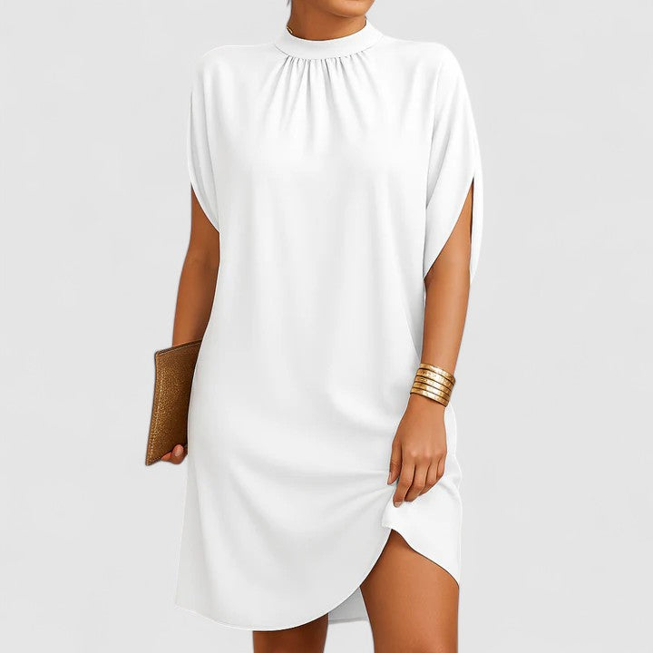 Losie | Damen Mini Kleid Fledermausärmel Stehkragen Schulterausschnitt