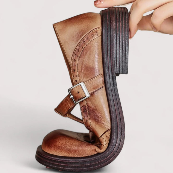 Rosa | Damen Mary Jane Schuhe Brogues Schnalle Flach Leder-Optik