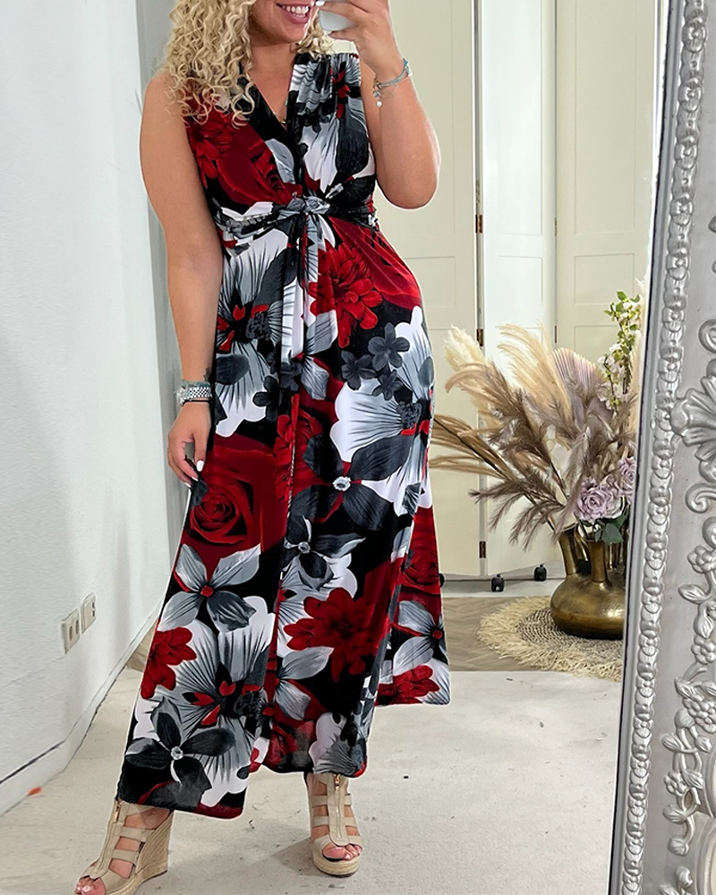Bless | Damen Maxi Kleid Ärmellos Blumendruck V-Ausschnitt Sommer