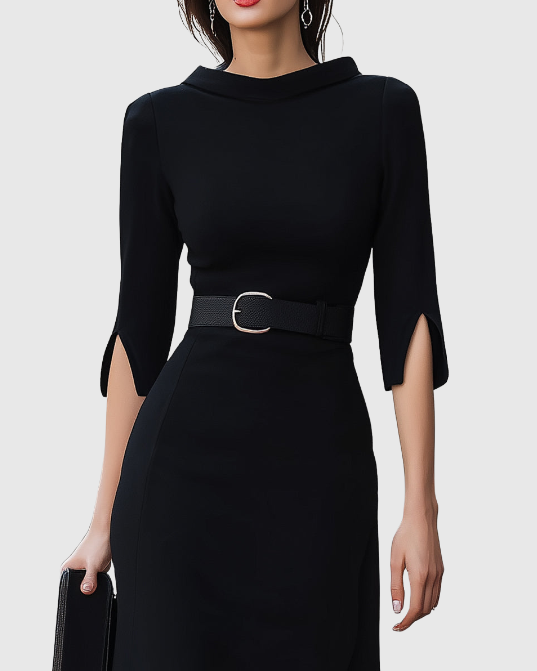 Audrey | Damen Schwarzes Midi Kleid mit Gürtel 3/4 Arm Elegantes Kleid