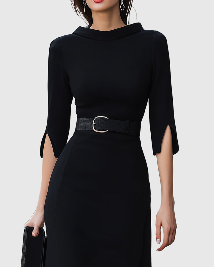 Audrey | Damen Schwarzes Midi Kleid mit Gürtel 3/4 Arm Elegantes Kleid
