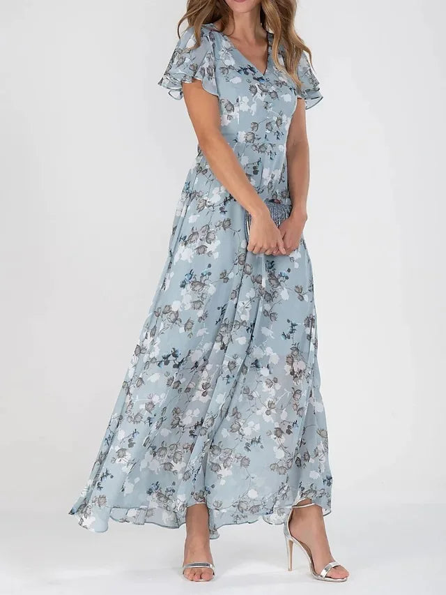 Sofia | Damen Maxikleid Blumenmuster Kurzarm V-Ausschnitt Sommerkleid