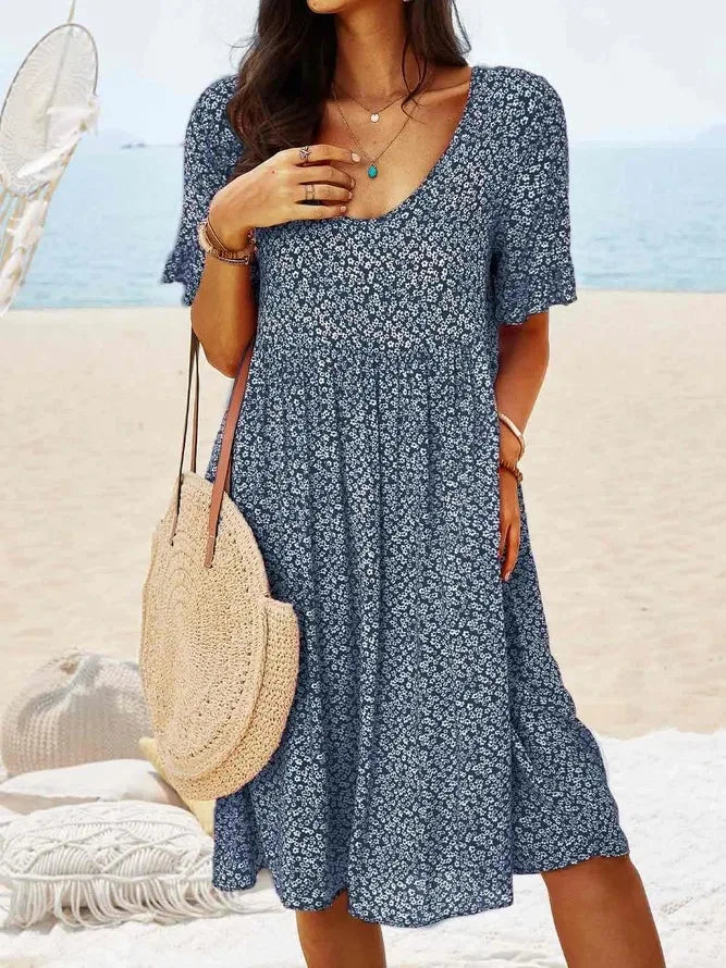 Mara | Damen Sommerkleid Blumen Kurzarm V-Ausschnitt mit Taschen