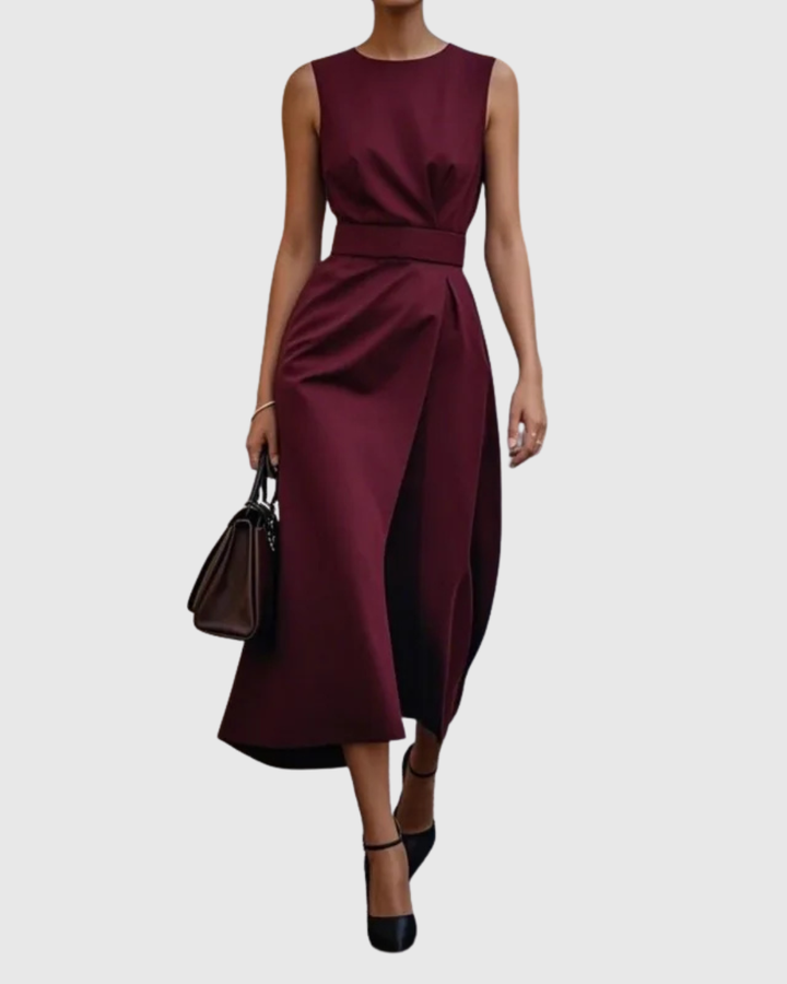 Amber | Damen Midi Kleid Ärmellos Rundhals Taillendrapierung Elegantes Kleid