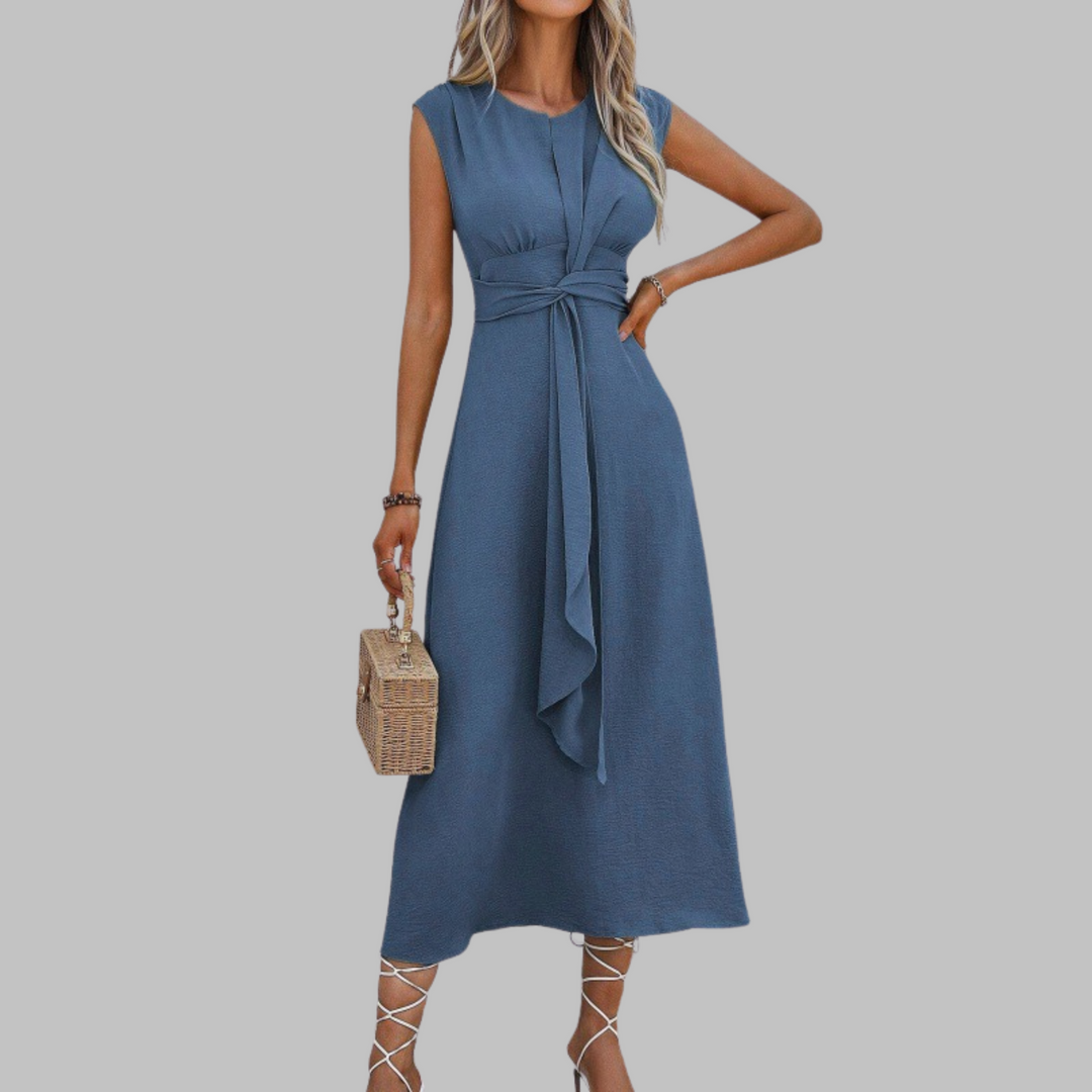 Valentina | Damen Midi-Kleid Ärmellos Bindegürtel Elegant