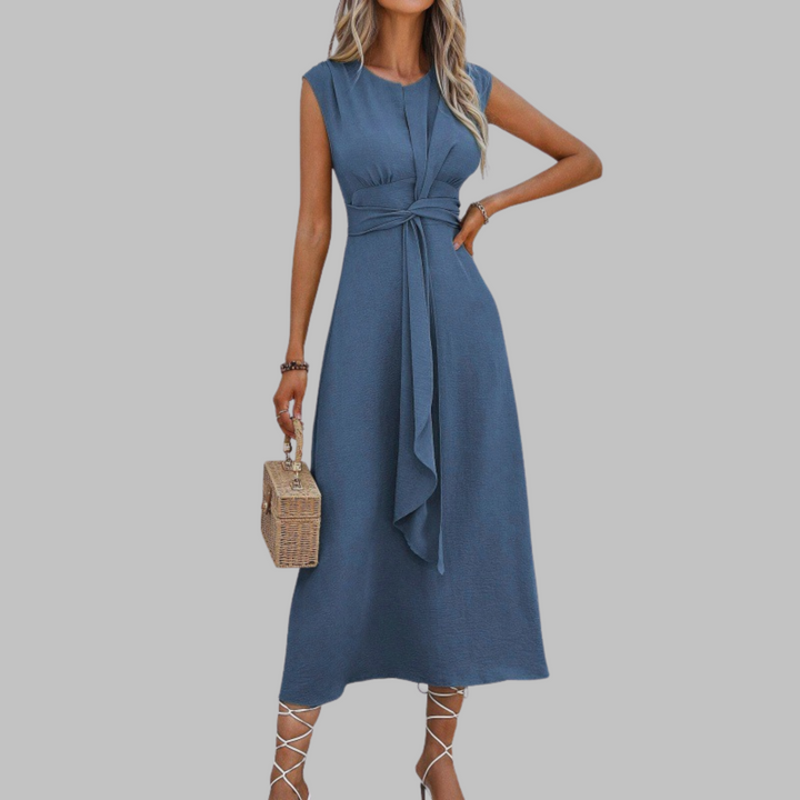 Valentina | Damen Midi-Kleid Ärmellos Bindegürtel Elegant