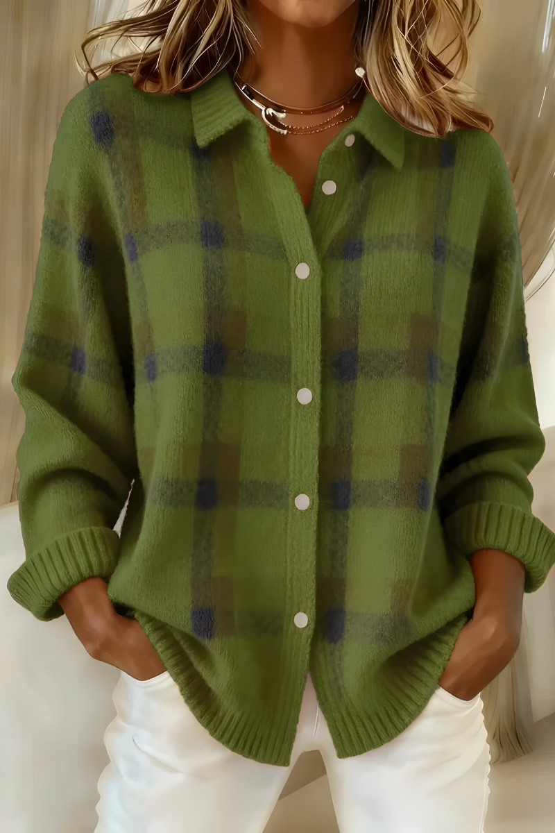 Wulftraud | Damen Karo Strickjacke mit Knopfleiste