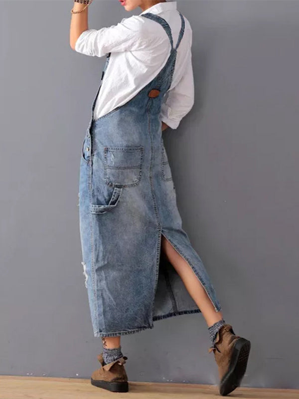 Franzi | Damen Latzkleid Jeans Lang mit Taschen Distressed