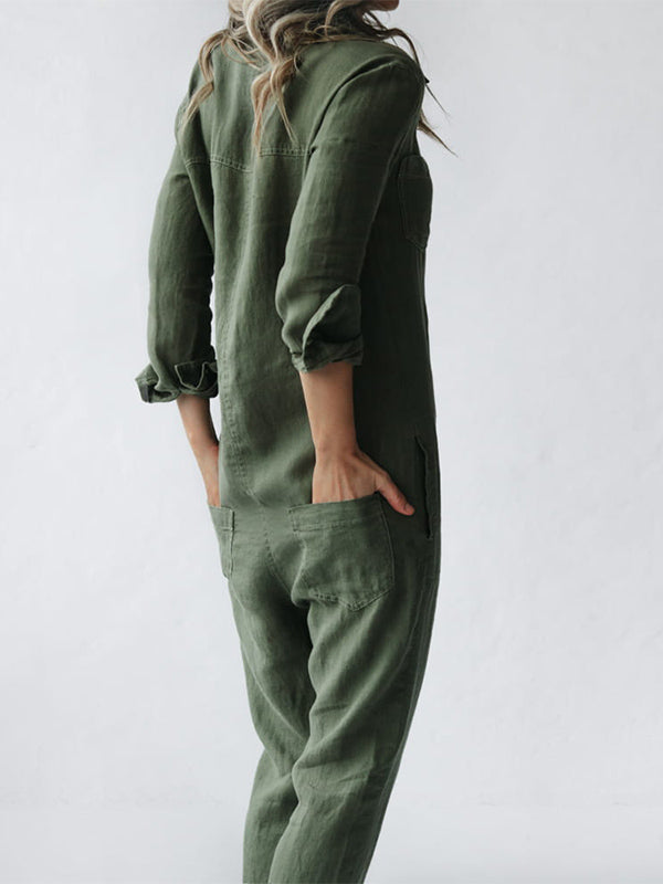 Frida | Damen Jumpsuit Langarm Knopfleiste Locker