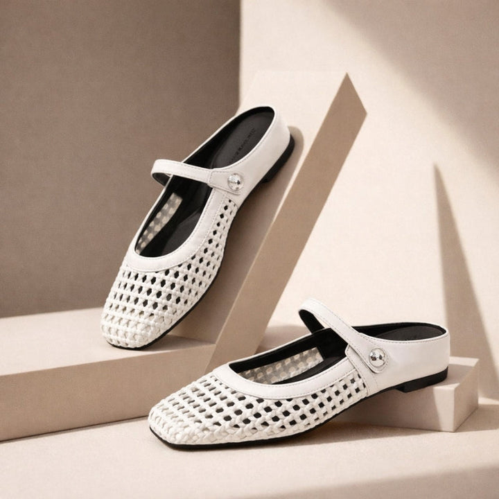 Goldie | Damen Mules Flach Mary Jane Geflochten Metallic Slipper