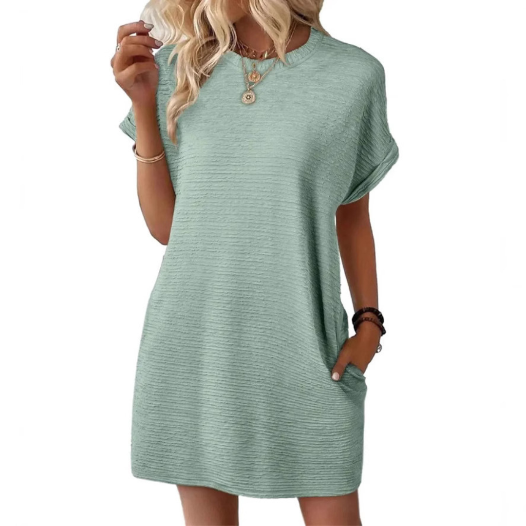 Siona | Damen T-Shirt Kleid Kurzarm Rundhals Mini Unifarbe