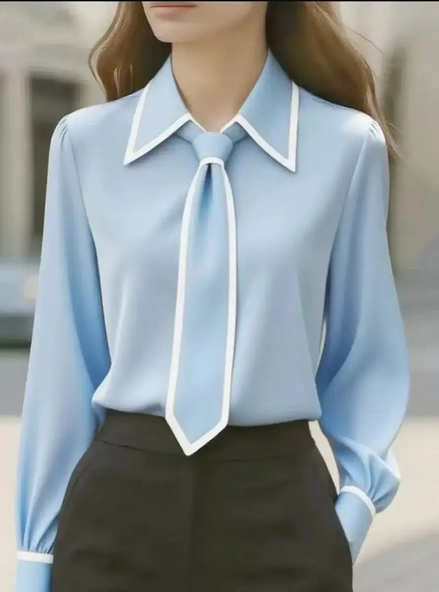 Cici | Damen Bluse Krawatte Kontrastpaspel Langarm Elegant