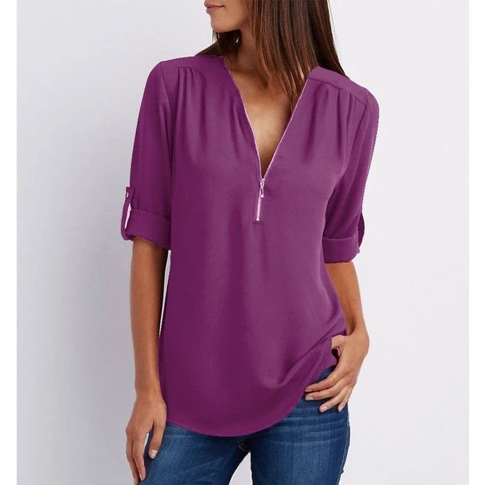 Jolie | Damen Bluse V-Ausschnitt Reißverschluss Halbarm