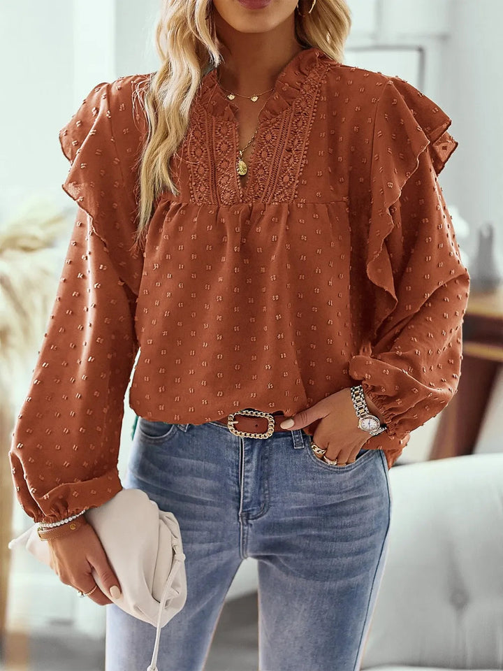 Clara | Damen Spitzenbluse V-Ausschnitt Rüschen Boho Bluse