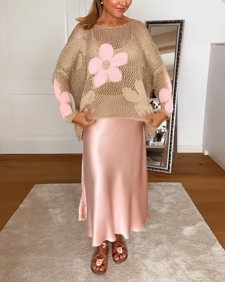 Frida | Damen Pullover Lochmuster Blumen Oversized