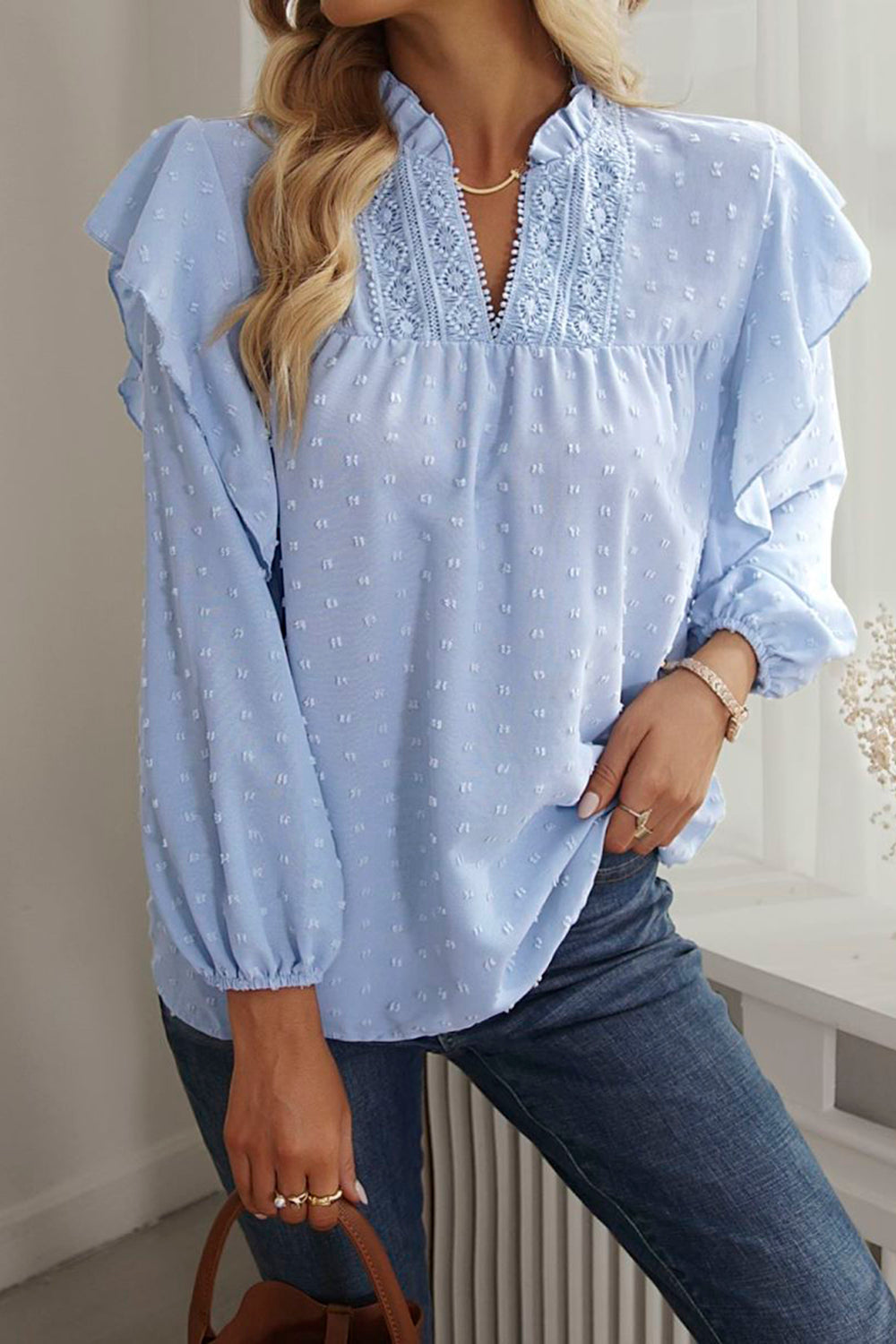 Clara | Damen Spitzenbluse V-Ausschnitt Rüschen Boho Bluse