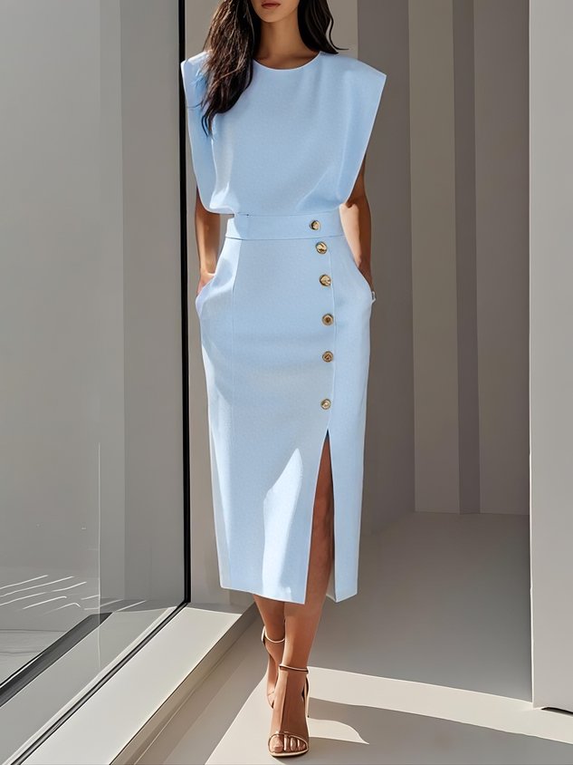 Lena | Damen Midi-Kleid Ärmellos Knopfleiste Seitenschlitz