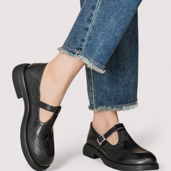 Rosa | Damen Mary Jane Schuhe Brogues Schnalle Flach Leder-Optik