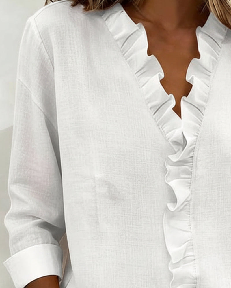 Rosine | Damen Bluse Langarm Rüschen V-Ausschnitt Casual Chic