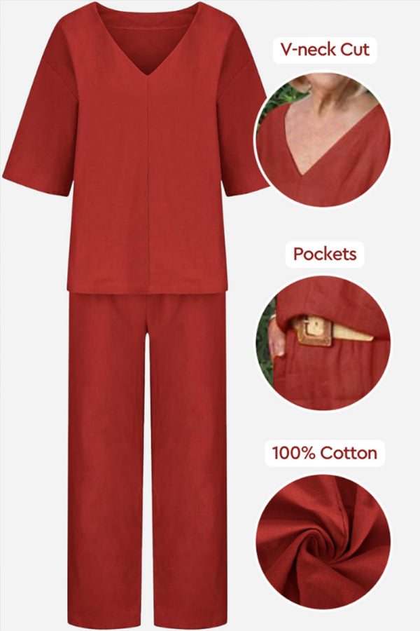 Rossa | Damen set V-Ausschnitt Top und Straight Hose