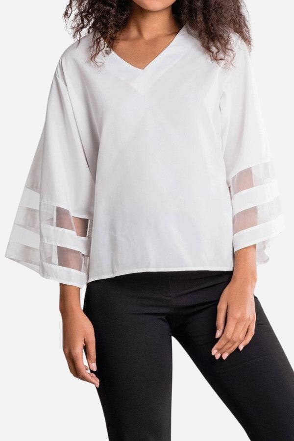 Aria | Damen Bluse V-Ausschnitt Glockenärmel Mesh-Panel