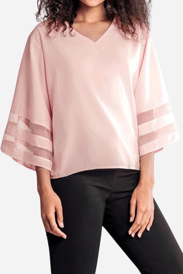 Aria | Damen Bluse V-Ausschnitt Glockenärmel Mesh-Panel