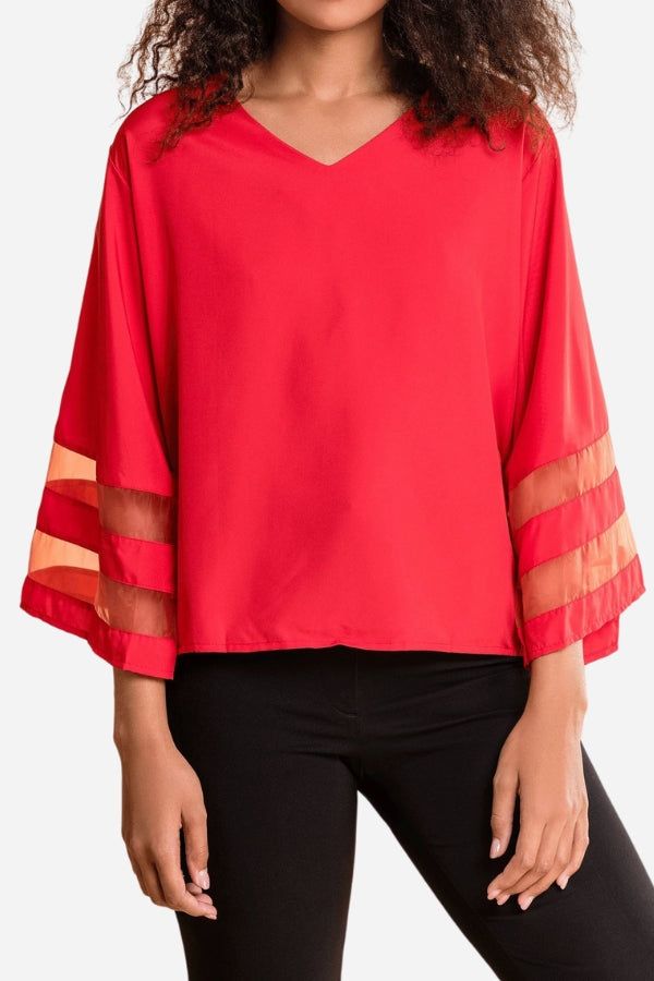 Aria | Damen Bluse V-Ausschnitt Glockenärmel Mesh-Panel