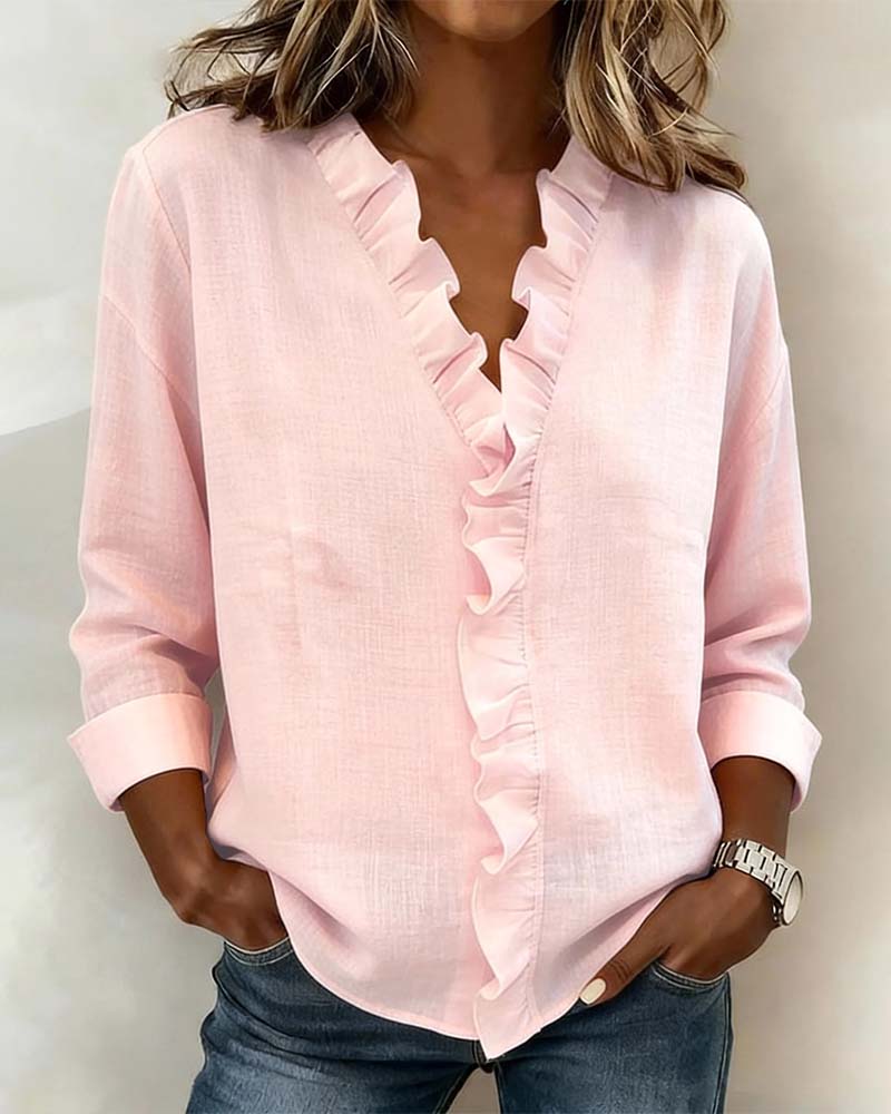 Rosine | Damen Bluse Langarm Rüschen V-Ausschnitt Casual Chic