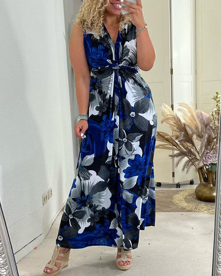 Bless | Damen Maxi Kleid Ärmellos Blumendruck V-Ausschnitt Sommer