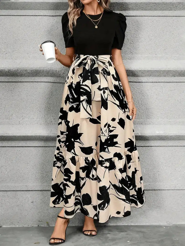 Aria | Damen Maxi-Kleid Puffärmel Blumendruck Bindegürtel