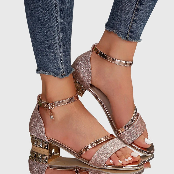 Rosana | Damen Sandaletten Blockabsatz Knöchelriemen Glitzer Festliche Schuhe