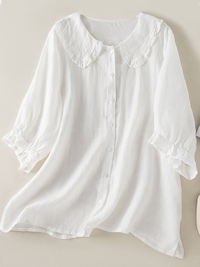 Marie | Damen bluse Rüschenkragen 3/4 Ärmel Knopfleiste