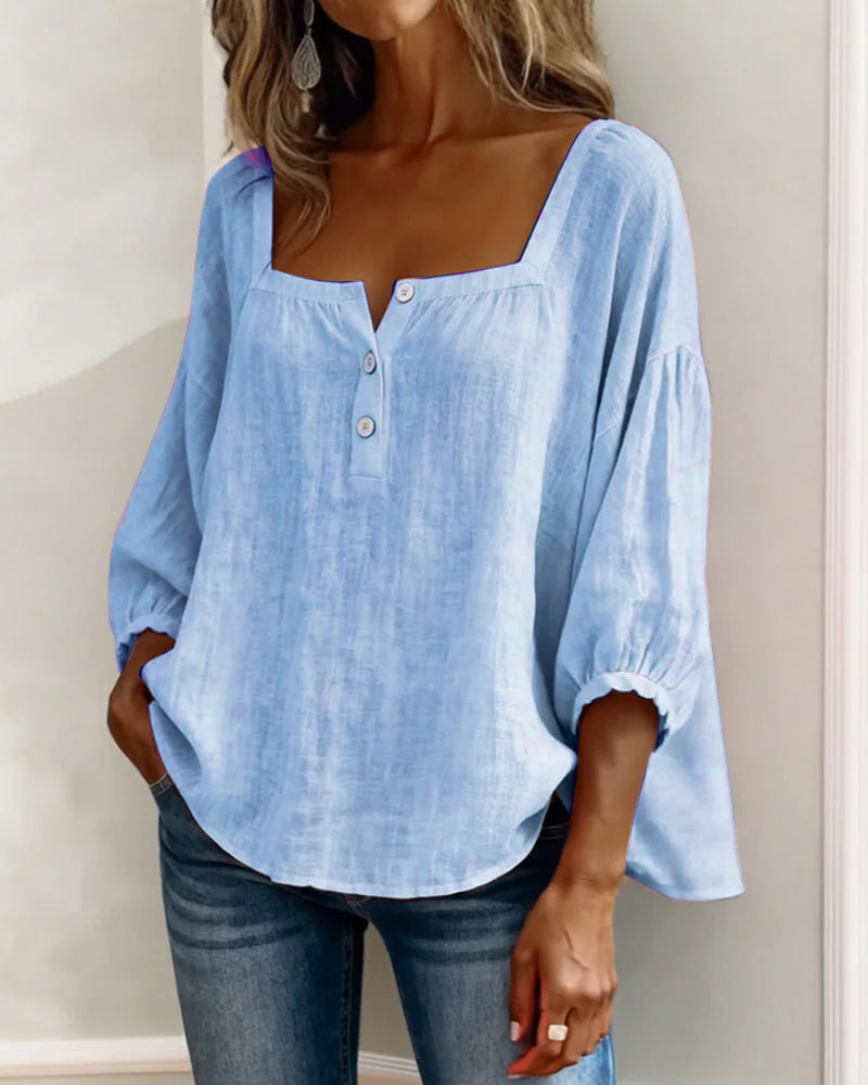 Emma | Damen Bluse Eckiger Ausschnitt 3/4-Arm Puffärmel