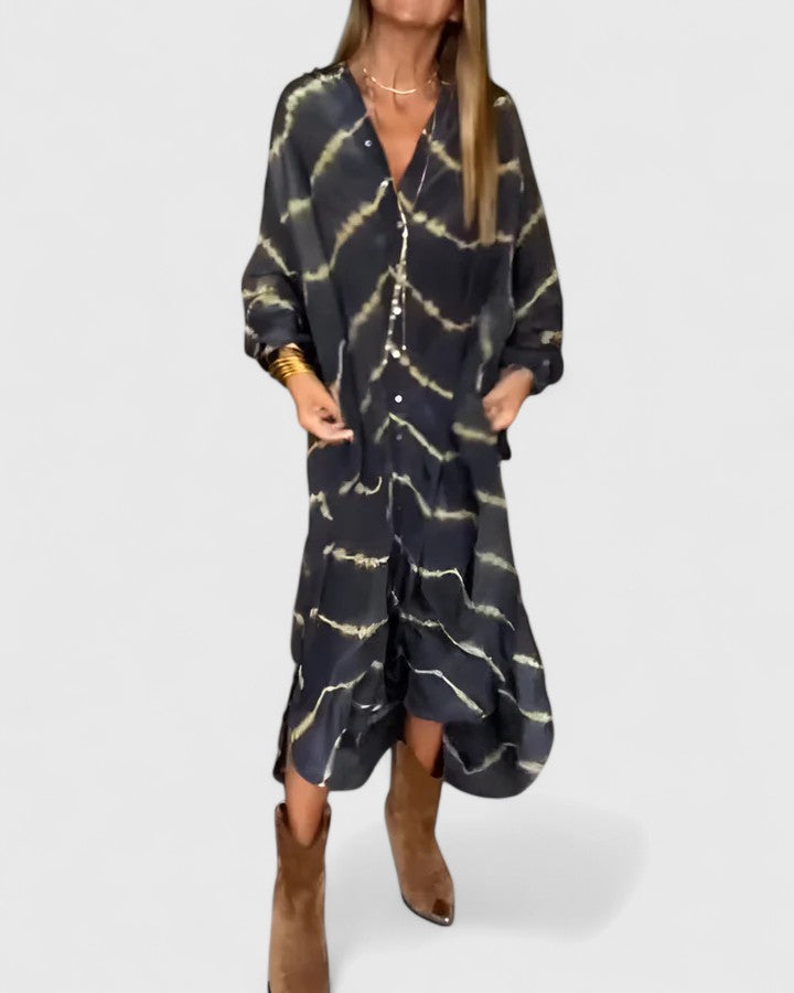 Ramia | Damen Hemdkleid Maxi Langarm Tie-Dye Muster V-Ausschnitt