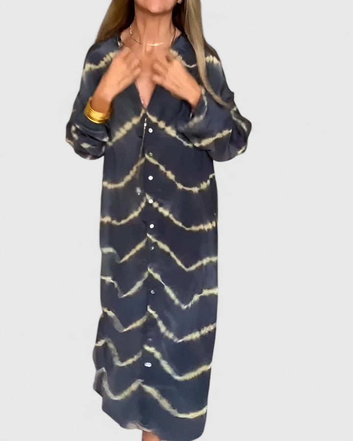 Ramia | Damen Hemdkleid Maxi Langarm Tie-Dye Muster V-Ausschnitt
