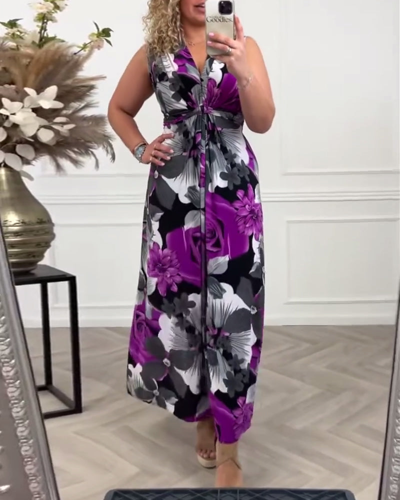 Bless | Damen Maxi Kleid Ärmellos Blumendruck V-Ausschnitt Sommer