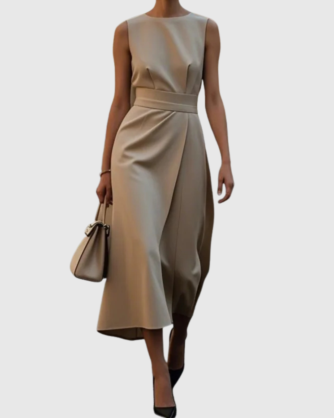 Amber | Damen Midi Kleid Ärmellos Rundhals Taillendrapierung Elegantes Kleid