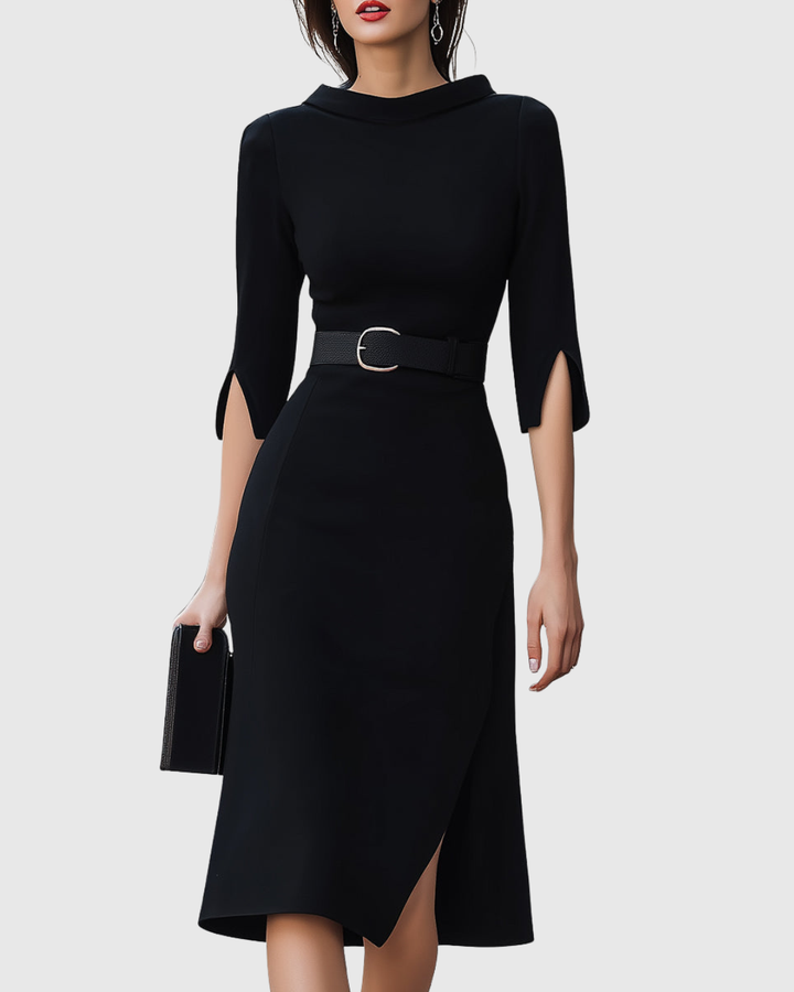 Audrey | Damen Schwarzes Midi Kleid mit Gürtel 3/4 Arm Elegantes Kleid