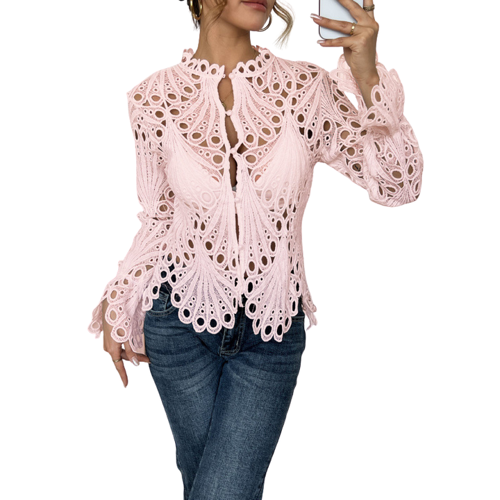 Aurelia | Damen Spitzenbluse Langarm Ausschnitt-Muster Elegant