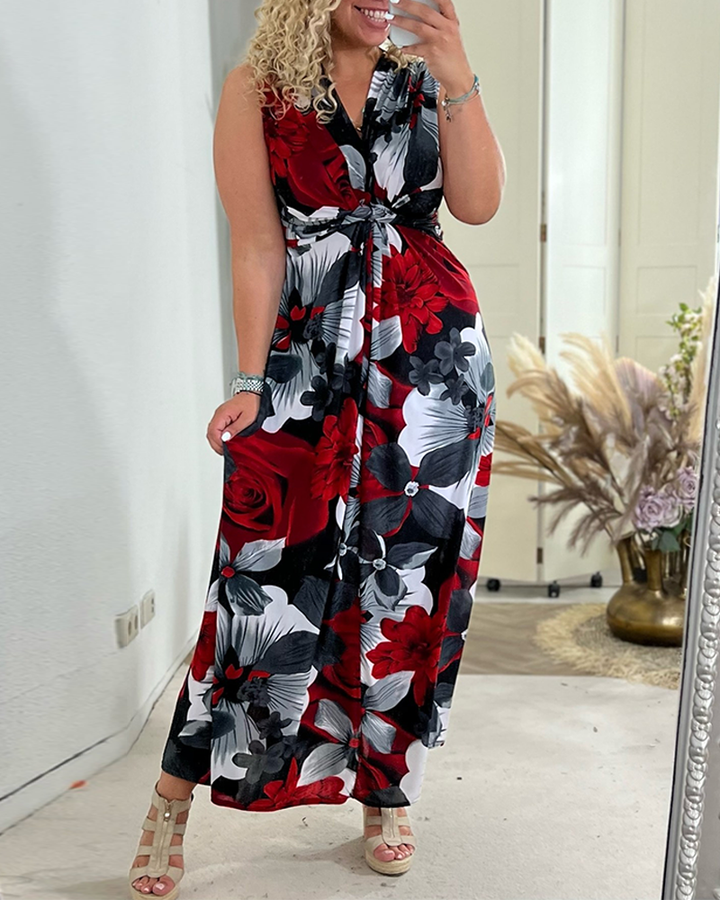 Bless | Damen Maxi Kleid Ärmellos Blumendruck V-Ausschnitt Sommer